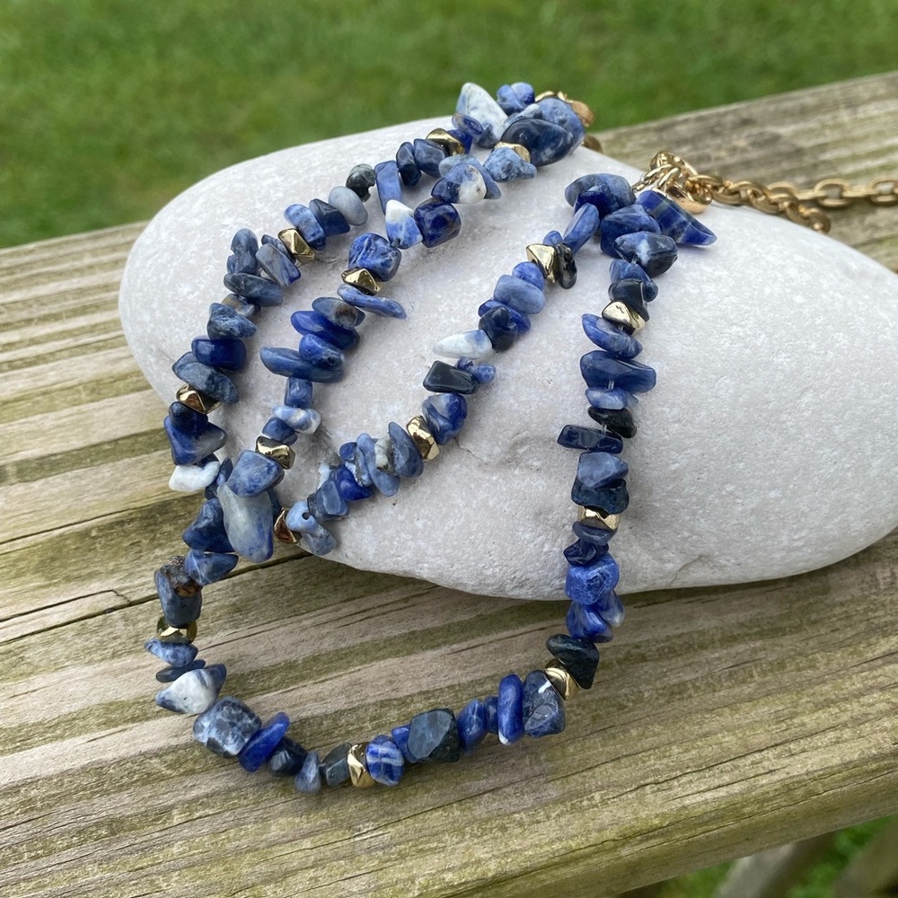 Genuine Sodalite gemstone necklace double strand gold tone chain